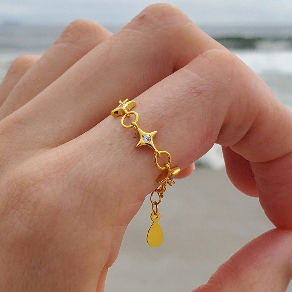 Gold Chain Ring Adjustable Ring Stars Diamonds 925 Sterling Silver